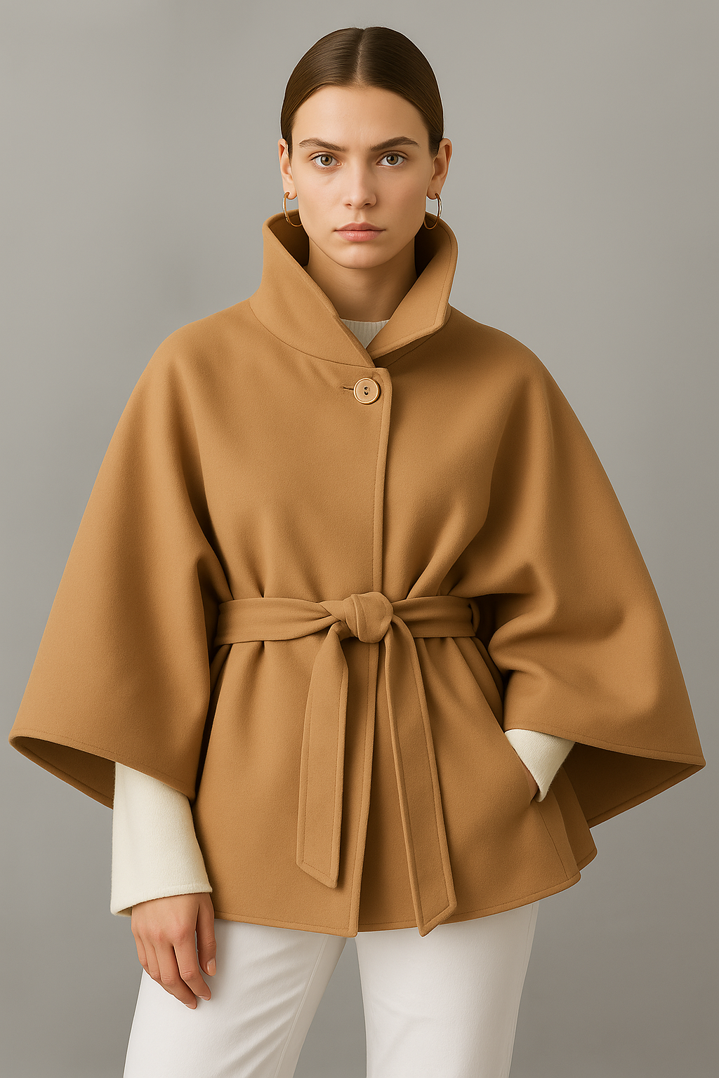 Gianna |  Elegant High-Neck Belted Cape Jacket