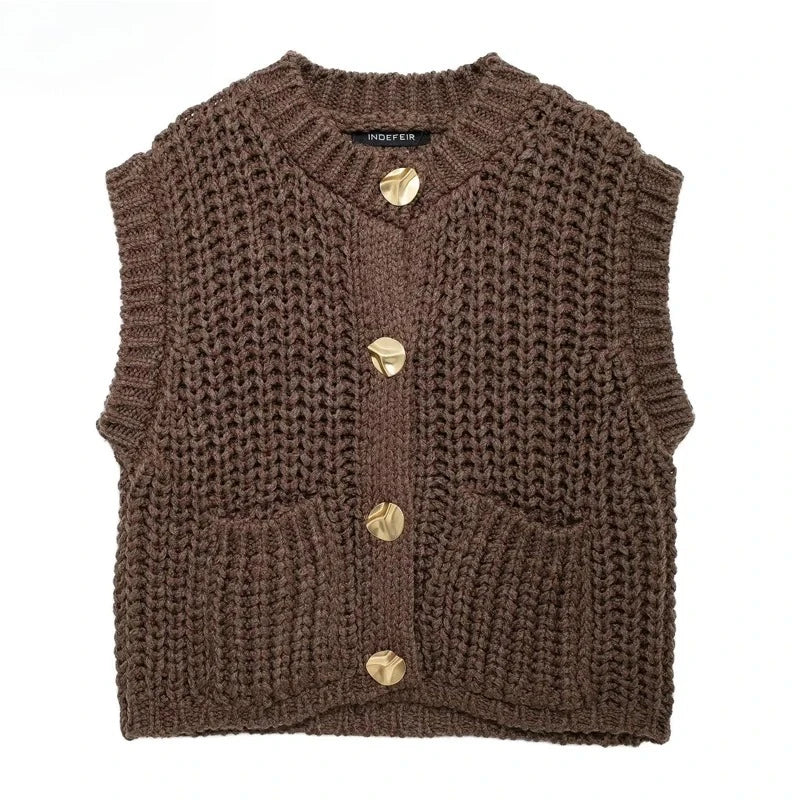 Women's Vest Outerwears Sleeveless Brown Sweater Knit Vest Women Preppy Cropped Sweaters Autumn Winter Vest Woman Knitwears