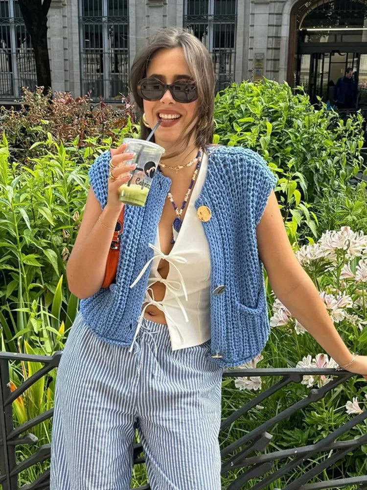 Women's Vest Outerwears Sleeveless Brown Sweater Knit Vest Women Preppy Cropped Sweaters Autumn Winter Vest Woman Knitwears