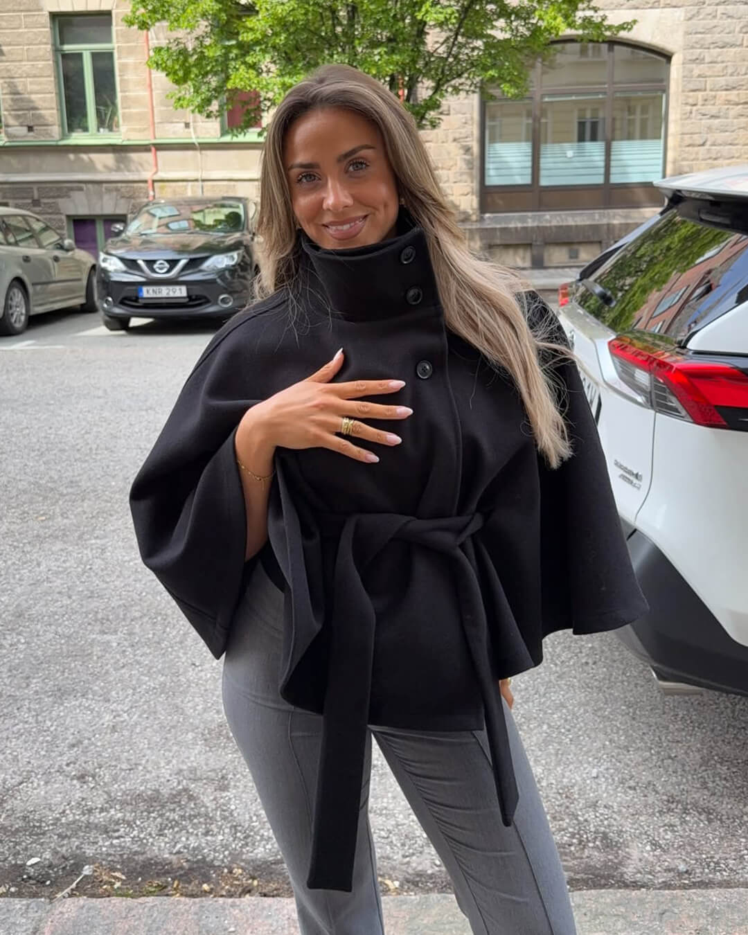 Gianna |  Elegant High-Neck Belted Cape Jacket