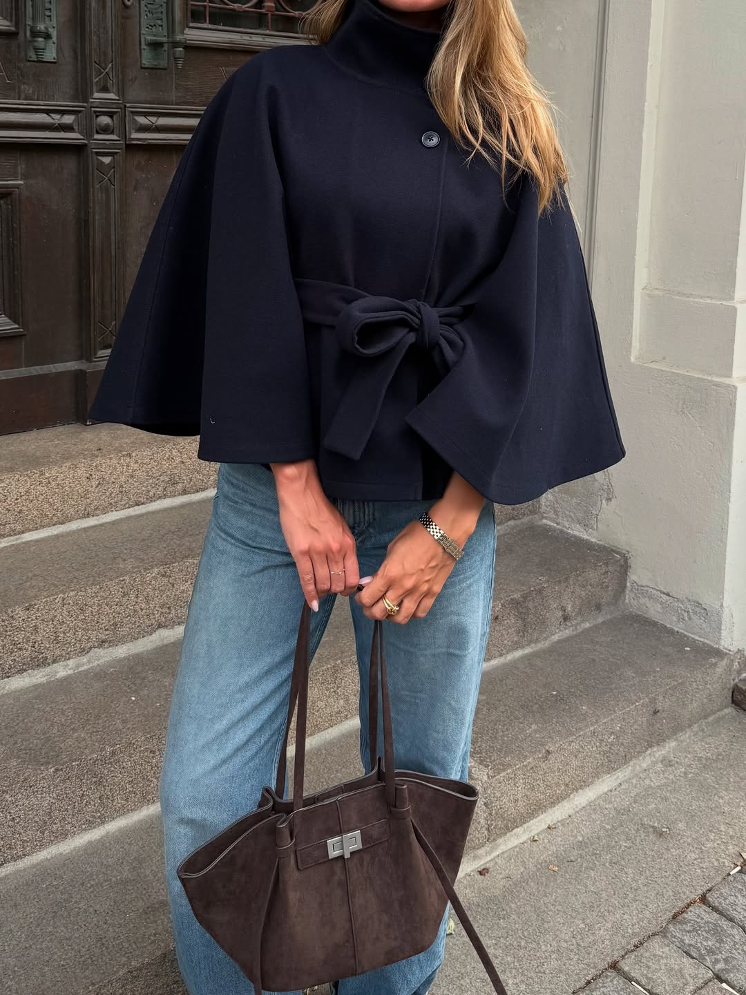 Gianna |  Elegant High-Neck Belted Cape Jacket